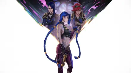 4K Ultra HD Arcane PC desktop wallpaper featuring three characters with intense expressions and dynamic poses against a dark, abstract background.