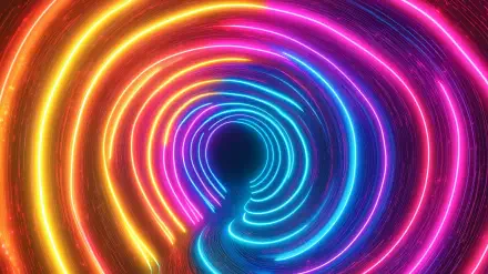 A vibrant tunnel with swirling colors of neon pink, blue, and orange, creating a dynamic and captivating visual effect, perfect as a high-definition desktop wallpaper.