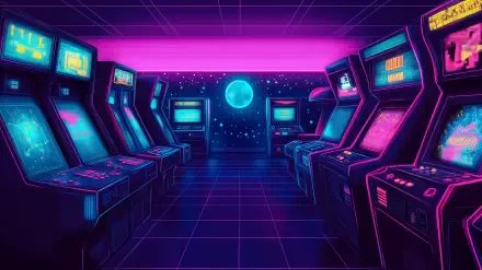 A vibrant retrowave scene featuring an arcade filled with neon-lit cabinets, capturing the essence of 1980s style with a cosmic backdrop. Perfect as a HD desktop wallpaper.