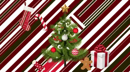 Aesthetic Christmas-themed 4K Ultra HD wallpaper featuring a festive tree, stockings, candy canes, gifts, and decorations against a striped red and green background.