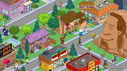 Vibrant 4K Ultra HD wallpaper from The Simpsons: Tapped Out, showcasing the iconic Springfield with characters interacting in a lively neighborhood scene.