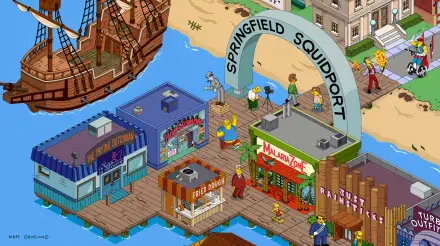 A vibrant 4K Ultra HD wallpaper featuring Springfield Squidport from the video game The Simpsons: Tapped Out, showcasing colorful buildings and characters along the water.