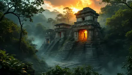 Ancient Maya temples rise from lush greenery, illuminated by a dramatic sunset, creating a mystical atmosphere in this stunning 4K Ultra HD desktop wallpaper.