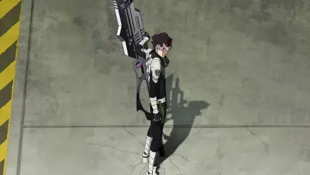 Kaiju No. 8 soldier in a tactical suit carrying a huge rifle, standing on cracked concrete and casting a long shadow — 4K Ultra HD PC desktop wallpaper/background.