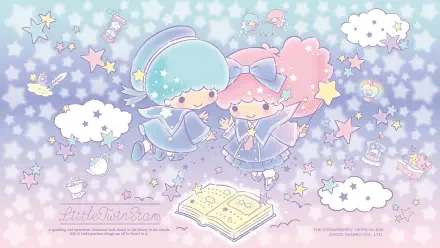 A dreamy HD wallpaper featuring Little Twin Stars from Sanrio, depicting Kiki and Lala surrounded by pastel colors, stars, and whimsical elements in a celestial setting.