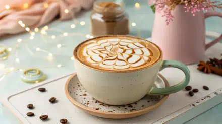 A cozy latte with intricate latte art in a ceramic cup on a saucer, surrounded by coffee beans and soft decor, captured in 4K Ultra HD food photography.