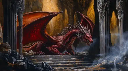 A majestic red dragon rests in its lair, surrounded by rocky terrain and mystical shadows. This stunning 4K Ultra HD image serves as a captivating desktop wallpaper.