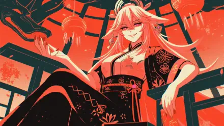 Yae Miko Guuji from Genshin Impact is depicted in striking red hues, showcasing her confident pose in an intricate traditional outfit, set against a vibrant, thematic backdrop.