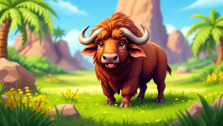 A cheerful buffalo stands amidst vibrant greenery and colorful flowers, set against a backdrop of rocks and palm trees, showcasing a stunning 4K Ultra HD wallpaper.