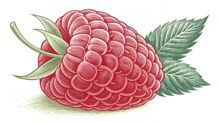 A detailed illustration of a ripe raspberry with lush green leaves, designed as a vibrant 4K Ultra HD PC desktop wallpaper and background.