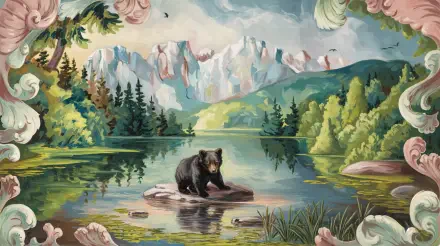 A black bear rests on a rock in a serene lake surrounded by lush trees and majestic mountains, captured in vibrant colors as a 4K Ultra HD desktop wallpaper.