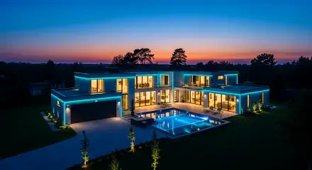 A stunning luxury home illuminated by blue lights, featuring a beautiful pool and modern architecture, set against a vibrant sunset. Captured in 4K Ultra HD for a striking background.