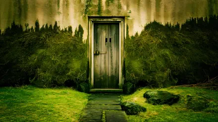 A captivating moss wall surrounds a rustic wooden door, framed by lush greenery and stone pathways, showcasing a serene natural setting in 4K Ultra HD quality.