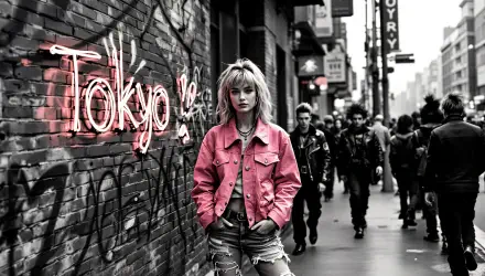 A street photography scene in Tokyo featuring a woman in a pink jacket, standing against a brick wall with graffiti, contrasted by bustling pedestrians. 4K Ultra HD resolution backdrop.