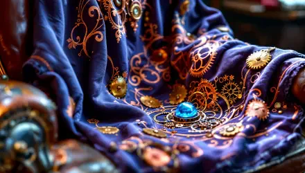 A richly patterned blanket draped over a chair, featuring intricate designs with gears and a stunning blue gem, presented as a 4K Ultra HD PC desktop wallpaper and background.