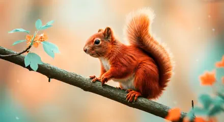 A vibrant red squirrel perches on a branch, surrounded by soft, blurred foliage. This stunning image serves as a 4K Ultra HD desktop wallpaper and background.