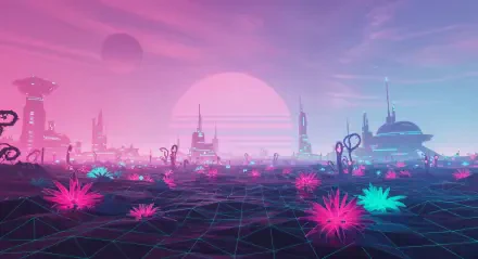 A captivating alien planet landscape featuring vibrant pink and teal flora, futuristic structures, and a large sun setting in a colorful sky, designed as a 4K Ultra HD desktop wallpaper.