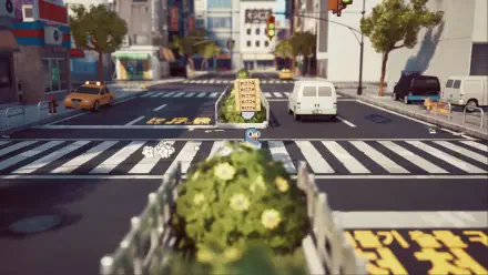 A vibrant HD wallpaper featuring a bustling city street from the video game GuGu Pizza: Delivering Pizza to the Space Station, highlighting playful urban elements.