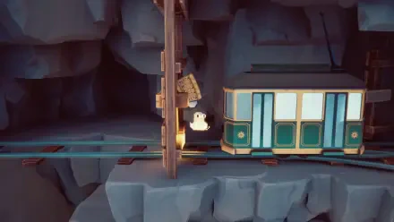 A whimsical HD wallpaper from the game GuGu Pizza: Delivering Pizza to the Space Station. Features a cartoonish tram navigating a rocky tunnel, enhancing the playful gaming atmosphere.