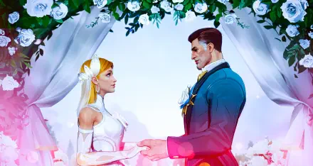 A romantic scene from Marvel Rivals, featuring a couple in wedding attire framed by a floral arch. This vibrant artwork serves as a stunning 4K Ultra HD PC desktop wallpaper.