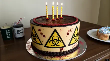 A visually striking birthday cake featuring biohazard symbols, topped with four candles, set on a decorative silver board, captured in vibrant 4K Ultra HD quality.