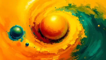 Abstract cosmic scene featuring vibrant orange and turquoise swirls surrounding large celestial bodies. Designed as a stunning 4K Ultra HD desktop wallpaper.