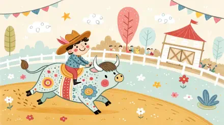 A charming illustration of a child in a cowboy hat riding a decorated bull, surrounded by colorful trees and a festive backdrop, capturing the spirit of rodeo in a whimsical style.