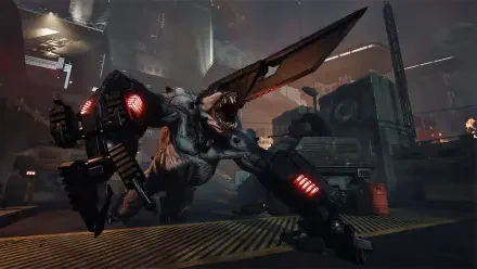 Dark, intense scene from Killing Floor 3 showing a menacing, robotic creature in an industrial environment, designed as an HD PC desktop wallpaper and background.