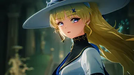 A high-definition desktop wallpaper featuring Phoebe from the video game Wuthering Waves, showcasing her striking features and elegant attire against a vivid background.