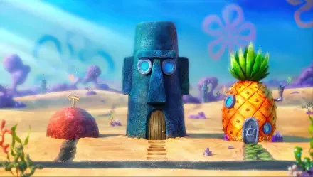 A vibrant 4K Ultra HD wallpaper featuring iconic locations from The SpongeBob Movie: Sponge on the Run, showcasing SpongeBob's pineapple house, Patrick's rock, and Squidward's abode.