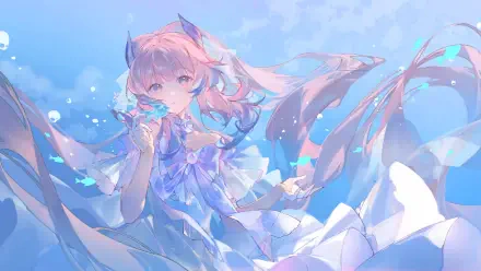 4K Ultra HD PC wallpaper featuring Sangonomiya Kokomi, a girl character from the video game Genshin Impact, surrounded by soft blue and white hues.