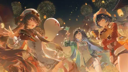 4K Ultra HD Genshin Impact wallpaper featuring characters Xiangling, Hu Tao, and Lan Yan celebrating with lanterns and fireworks at night.