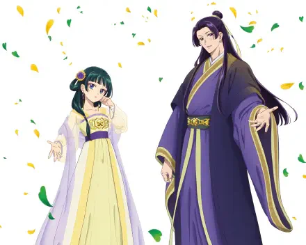 Anime-style 4K Ultra HD wallpaper featuring Maomao and Jinshi from The Apothecary Diaries dressed in traditional attire with falling flower petals.