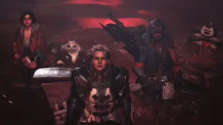 A striking HD wallpaper from Monster Hunter Wilds, featuring a group of hunters and a feline companion set against a dramatic red backdrop, showcasing their readiness for adventure.