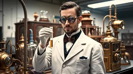 A scientist in a lab coat and goggles examines a test tube, surrounded by vintage laboratory equipment, in this 4K Ultra HD desktop wallpaper.