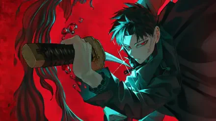 HD PC desktop wallpaper of an intense anime boy from Kagurabachi wielding a sword, set against a vivid red and dark background.