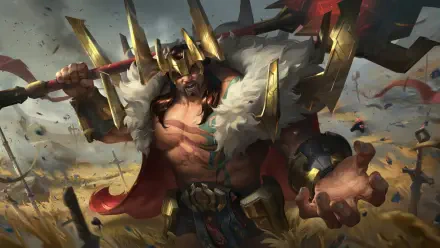 An 8K Ultra HD wallpaper featuring Mordekaiser, a fierce warrior from League of Legends, showcasing his imposing presence with a gold-adorned outfit and a large weapon.