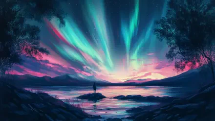HD desktop wallpaper of a mystical landscape showcasing a vibrant aurora borealis illuminating the sky above a serene lake, framed by silhouetted trees and mountains.