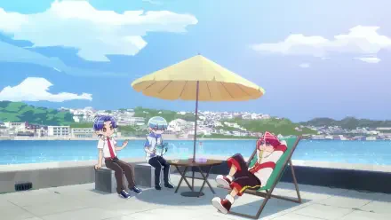 A vibrant HD wallpaper from Aquarion: Myth of Emotions, featuring three characters relaxing under a sunny sky by the water, surrounded by a picturesque coastal landscape.