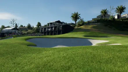 A vibrant HD background from PGA TOUR 2K25, featuring a scenic golf course with lush grass, a sand trap, and palm trees, showcasing an inviting landscape for gaming enthusiasts.