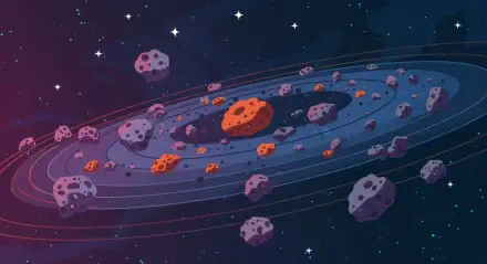 A vibrant 4K Ultra HD depiction of an asteroid belt, showcasing various asteroids in shades of orange and gray, set against a backdrop of stars in deep space.