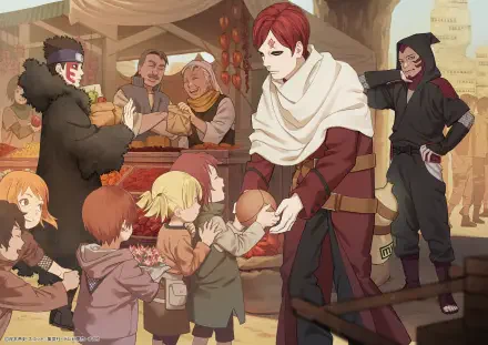 4K Ultra HD anime PC wallpaper: Gaara and Shinki (Naruto/Boruto) share a warm moment, Gaara handing treats to children amid a bustling market scene.