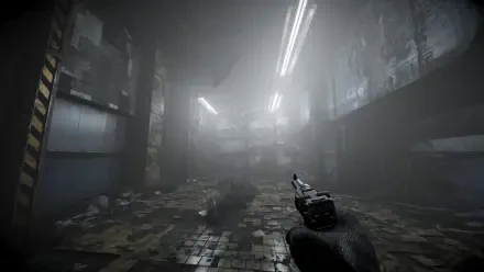 A dark and atmospheric HD wallpaper from the video game Total Chaos, featuring a character aiming a gun in a dimly lit, debris-strewn environment.