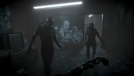 Dark, tense scene from the video game Total Chaos as two figures move through a dimly lit room, captured in stunning 4K Ultra HD for PC desktop wallpaper and background.