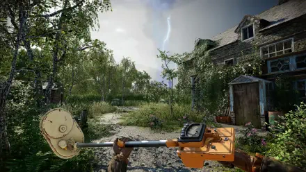 A vibrant scene from the video game Atomfall, showcasing a lush, overgrown environment with a character holding an industrial tool, set against a dramatic sky and a weathered house.