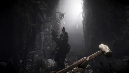 A dark, atmospheric scene from the video game Total Chaos, featuring a character in a shadowy corridor, illuminated by a beam of light, wielding a large weapon. 4K Ultra HD background.