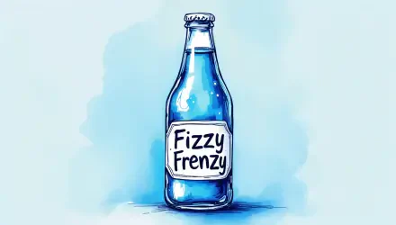 A vibrant illustration of a soda bottle labeled Fizzy Frenzy against a soft blue background, designed as a 4K Ultra HD PC desktop wallpaper and background.