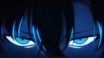 Close-up of Sung Jin-Woo’s intense glowing blue eyes from Solo Leveling: ReAwakening, captured in a detailed 4K Ultra HD anime-style wallpaper from Solo Leveling: ARISE.
