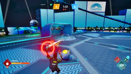An action-packed scene from the video game Shotball, featuring a player aiming at a futuristic goal in a vibrant arena, set against a high-definition backdrop.