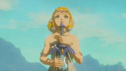 HD PC desktop wallpaper from The Legend of Zelda: Tears of the Kingdom — Princess Zelda (The Legend of Zelda) plays an ocarina against a bright sky backdrop.